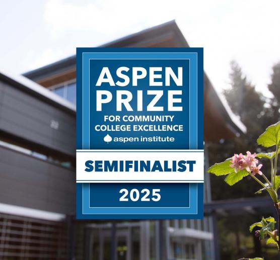 SPSCC's Building 22 with a badge that reads "Aspen Prize Semifinalist 2025"