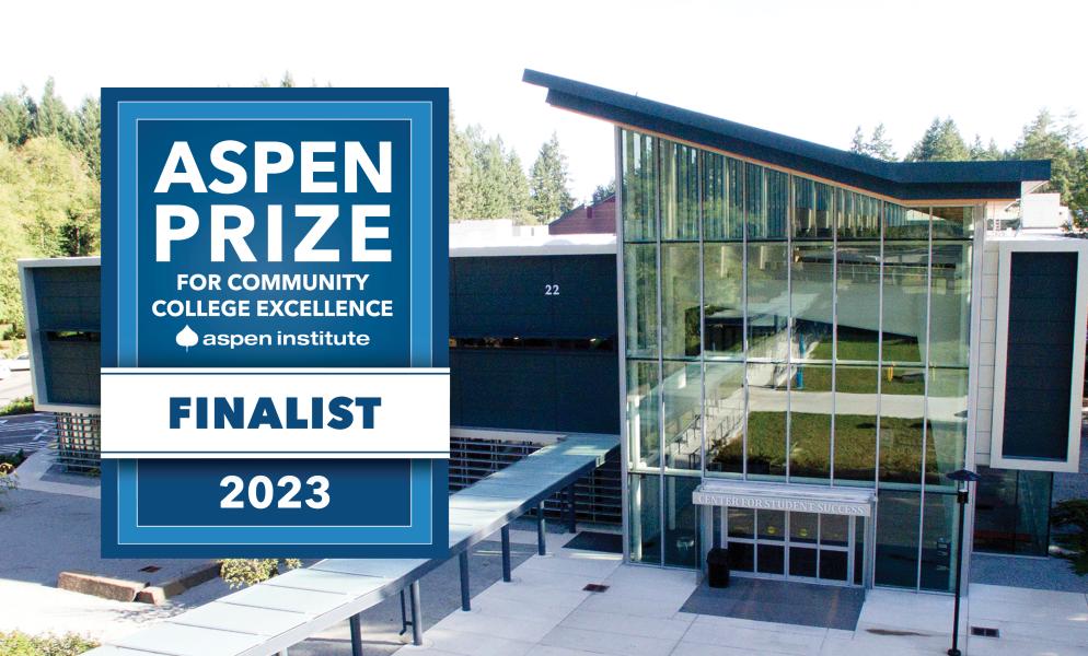 Photo of Building 22 with a badge that reads "Aspen Prize Finalist 2023"