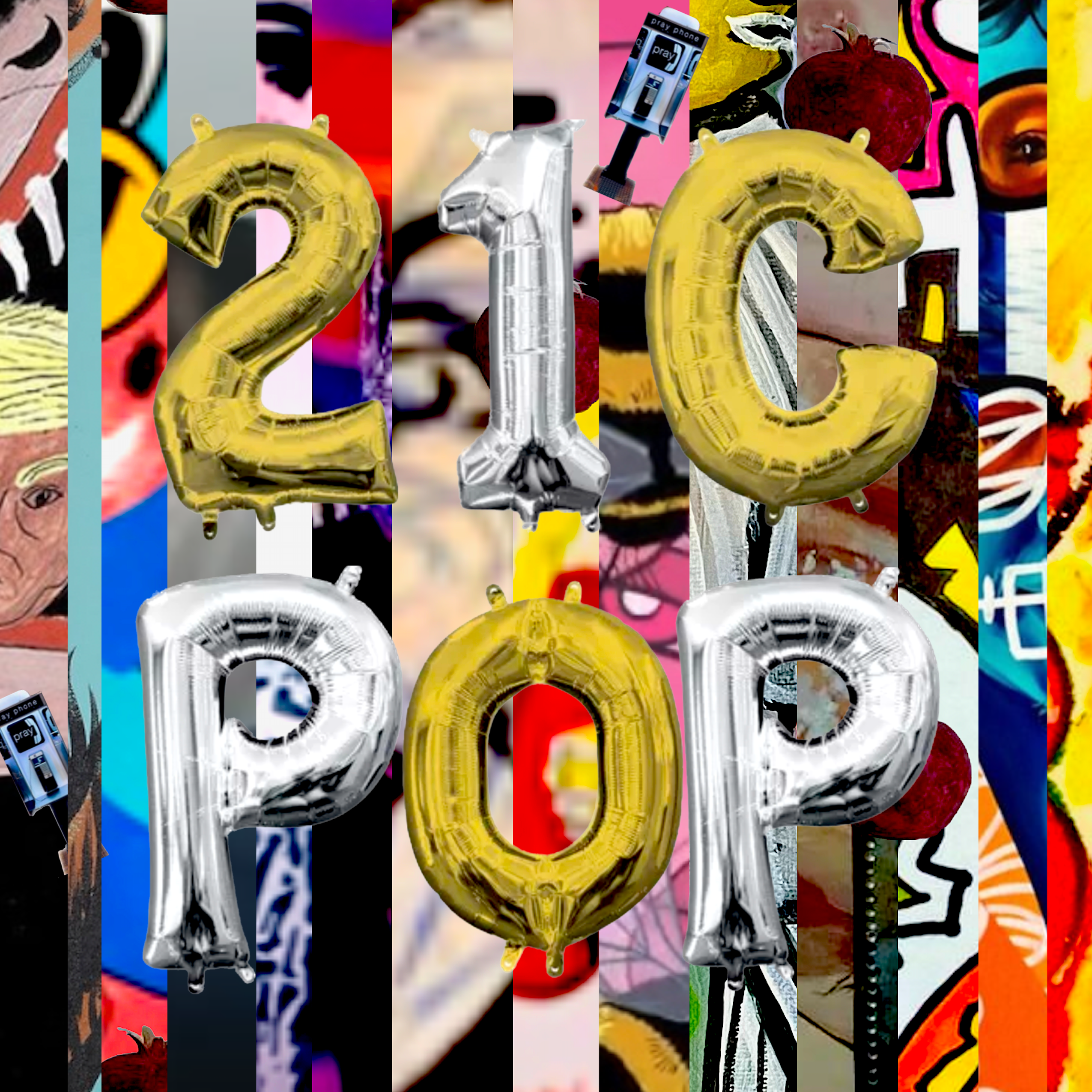 A variety of mediums with "21C POP" spelled out in balloon letters