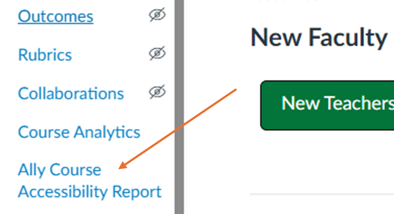 Screen capture of the Ally Course Accessibility Report link on the left side of the Canvas screen with an arrow pointing at it.
