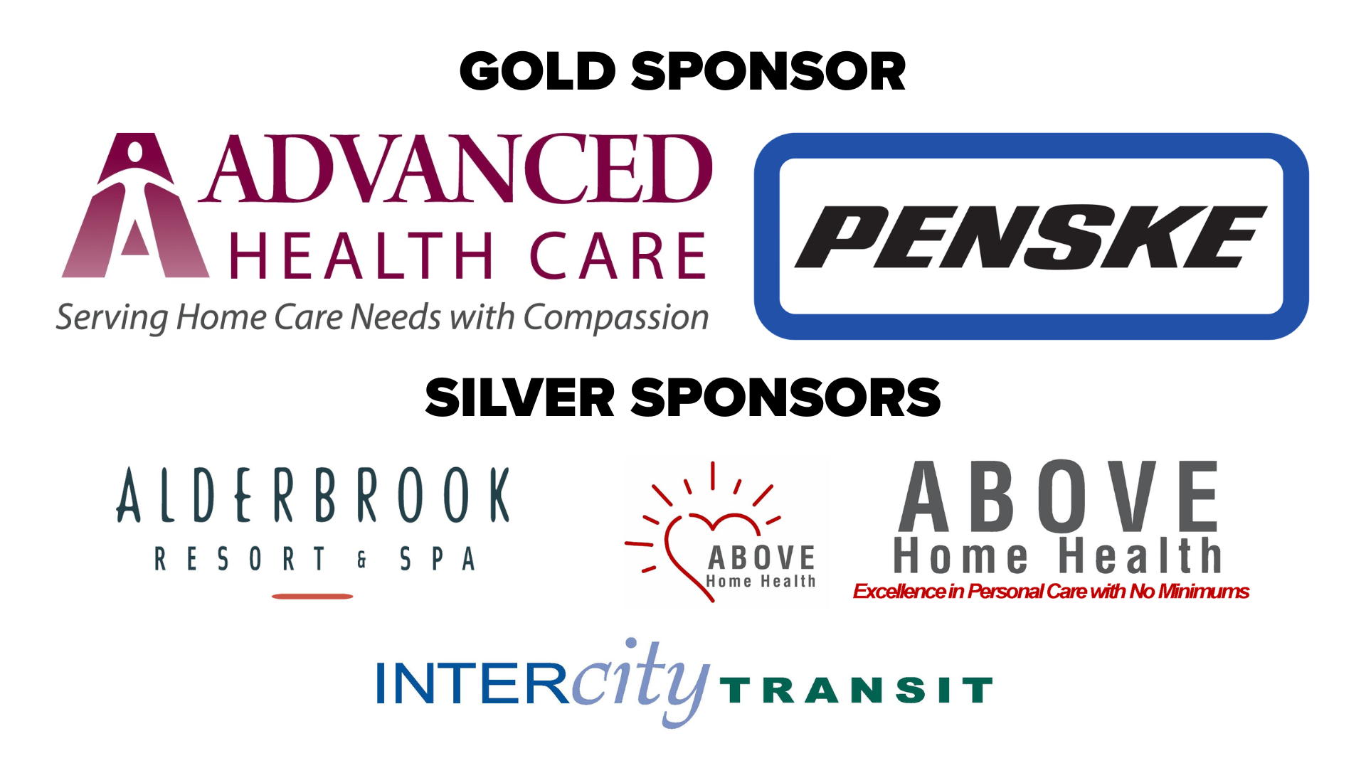 Gold sponsor logos for Advanced Health Care and Penske, with additional silver sponsor logos for Alderbrook Resort & Spa, Above Home Health, and Intercity Transit.