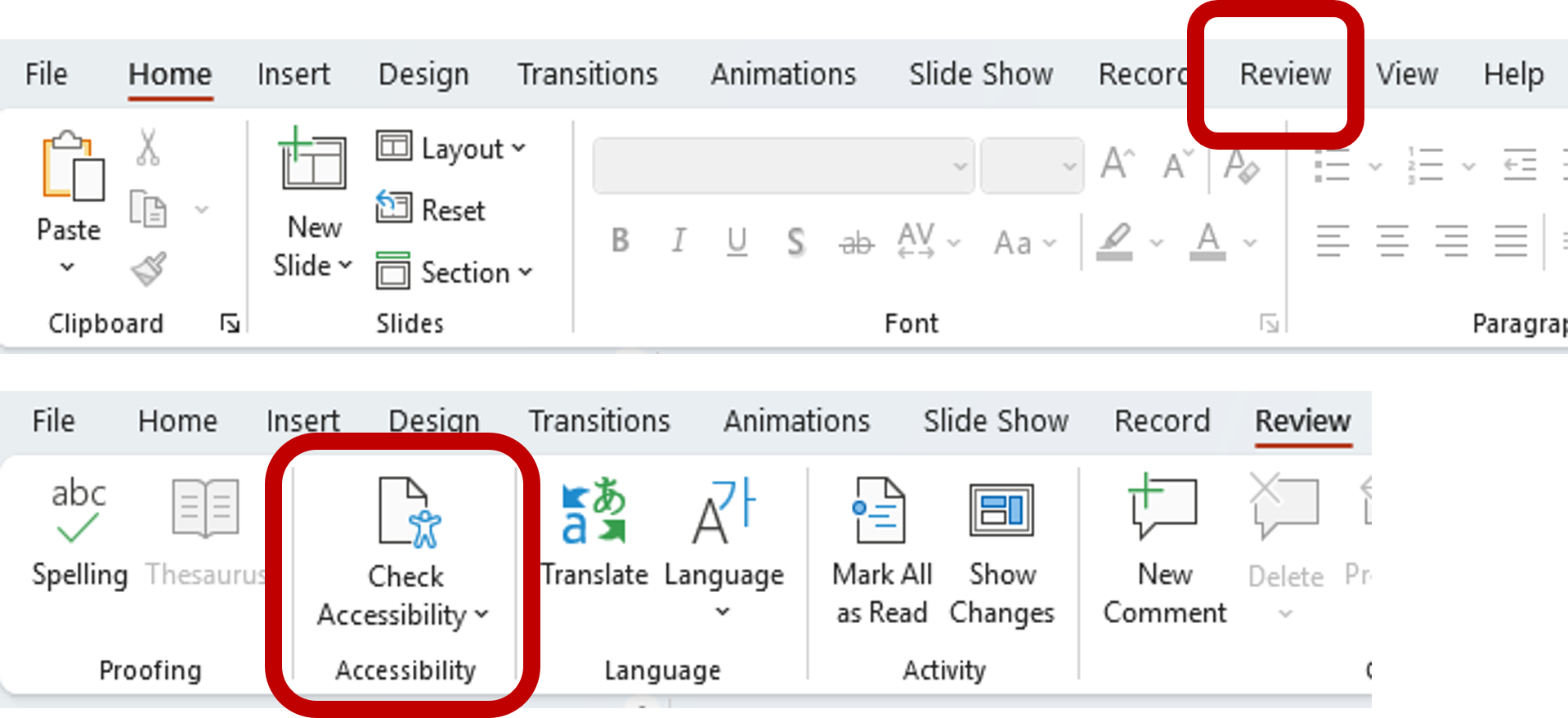Screen capture of the ribbon interface in Word showing the location of the Accessibility Checker (Review then Check Accessibility).