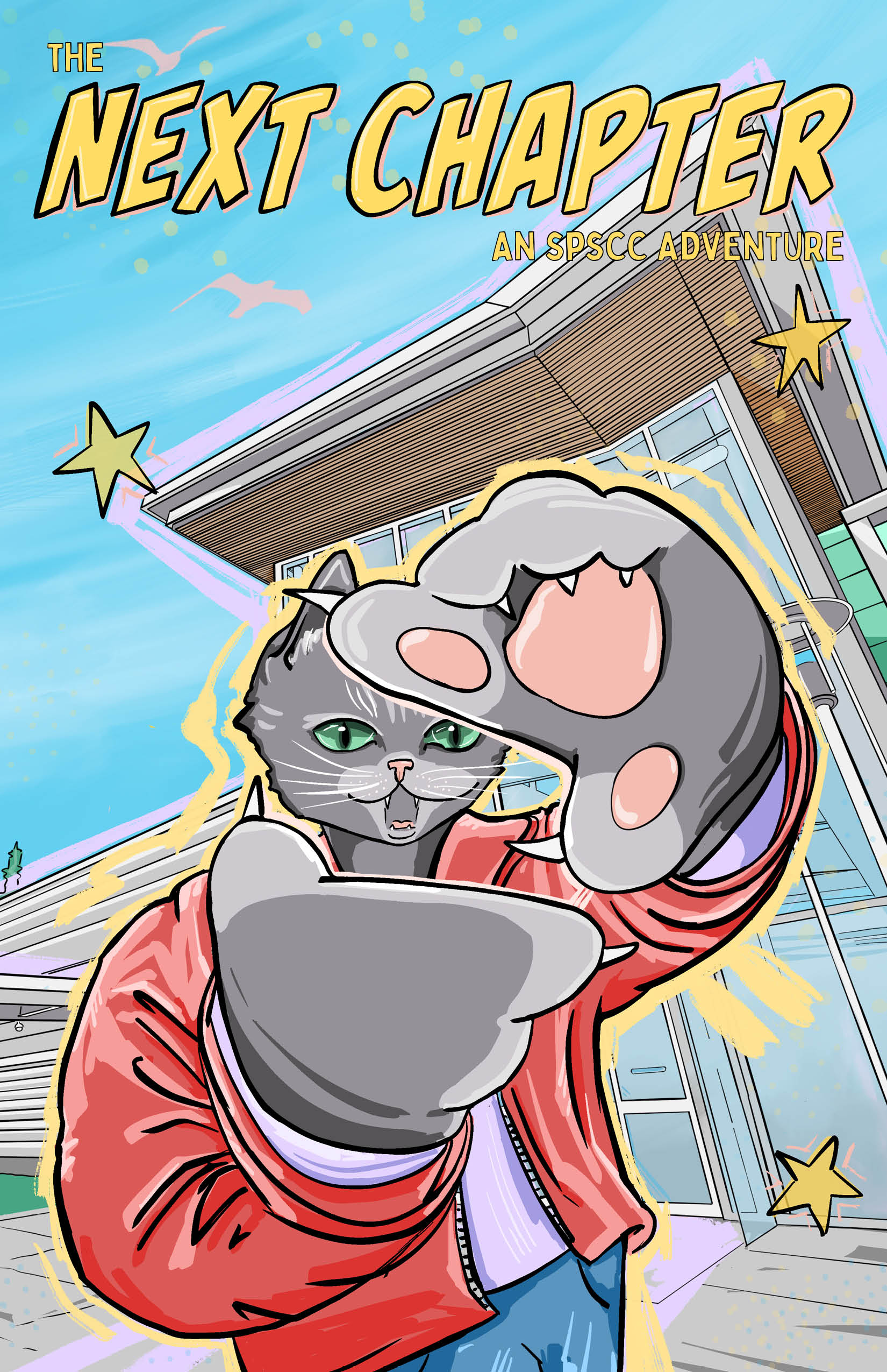The Next Chapter: An SPSCC Adventure cover with a cat character in front of SPSCC's Building 22