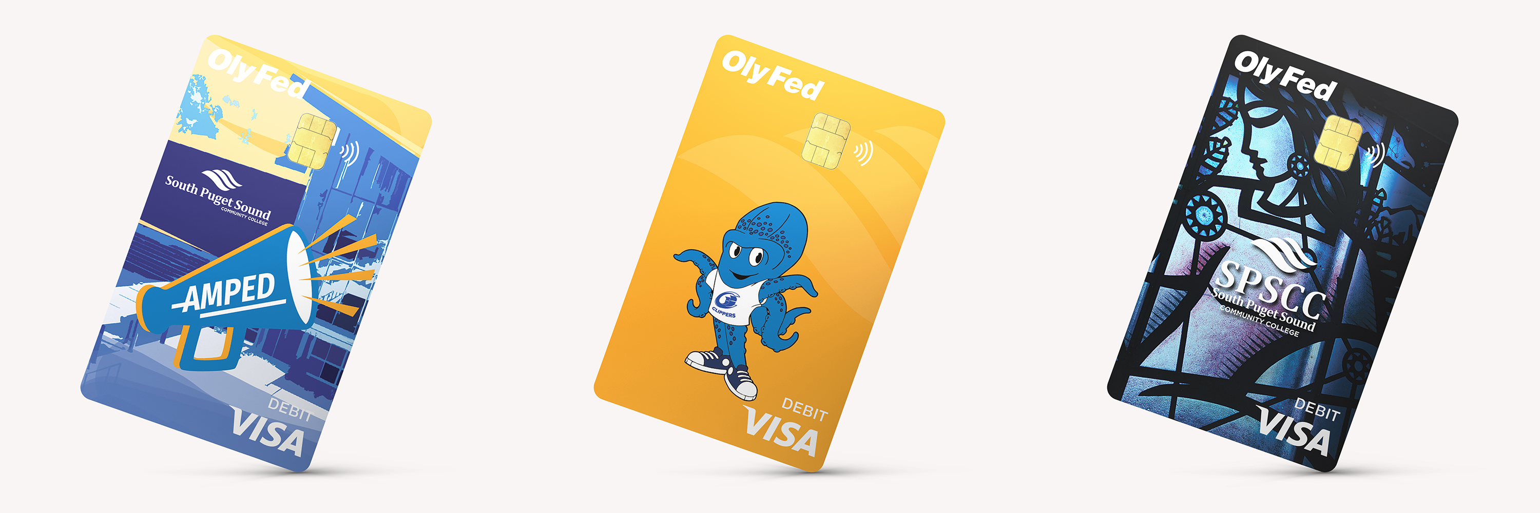 Three designs of SPSCC-branded debit cards by OlyFed