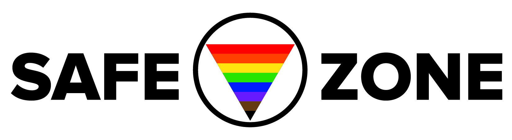 A circle with an upside down rainbow-colored triangle similar to the Pride Flag