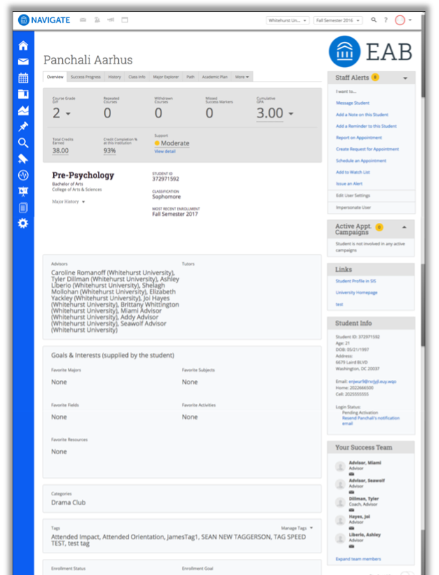 screen shot of student profile