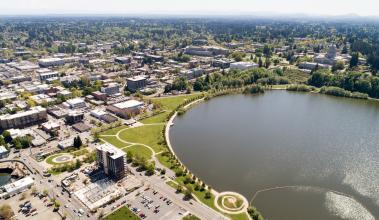 aerial photo of downtown Olympia and capitol lake