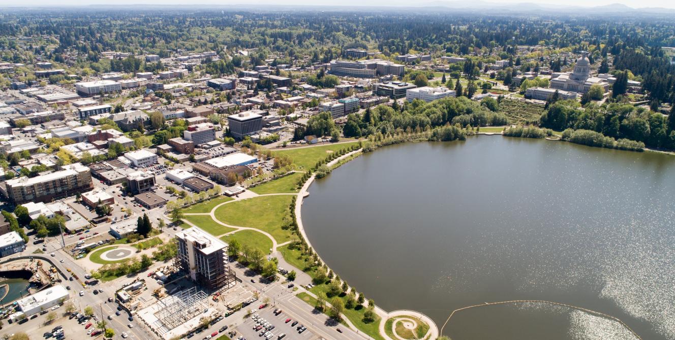 aerial photo of downtown Olympia and capitol lake