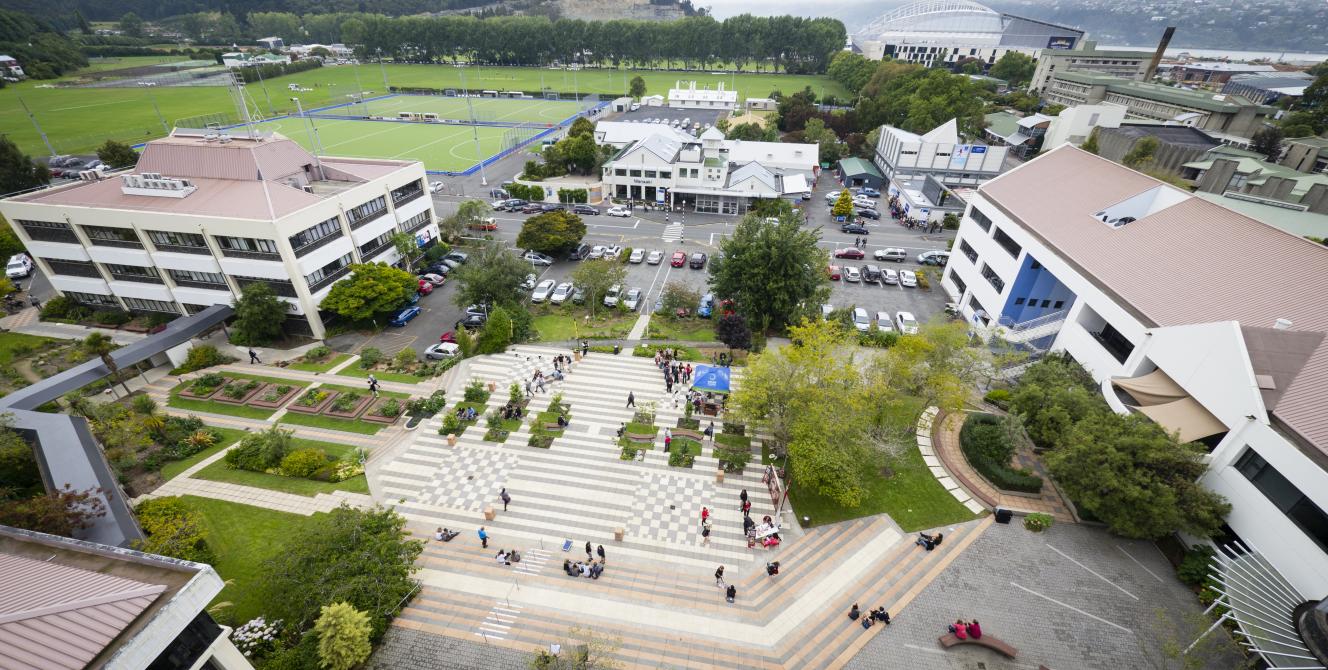 Aerial view of Otago University in Dunedin, New Zealand