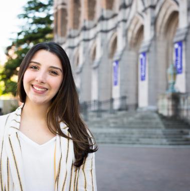 Student Helen (Brazil) smiles at the University of Washington campus