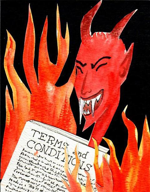 Artwork of a devil smiling and coming out of papers that read "Terms and Conditions" surrounded by fire against a black background
