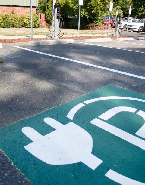 Green paint marks an EV charging station in a parking lot