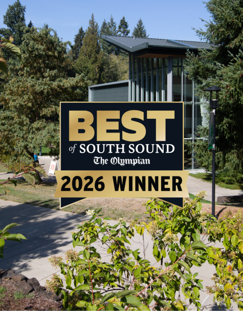 The "Best of South Sound The Olympian 2026 Winner" badge on a photo of Building 22 on SPSCC's Olympia Campus