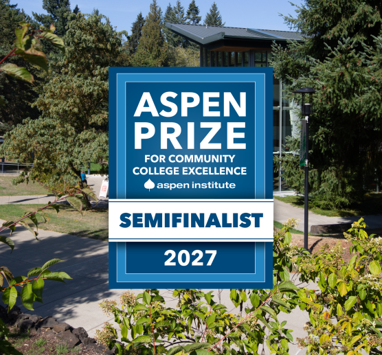 Building 22 on SPSCC's Olympia Campus with a badge that reads "Aspen Prize for Community College Excellence Semifinalist 2027"