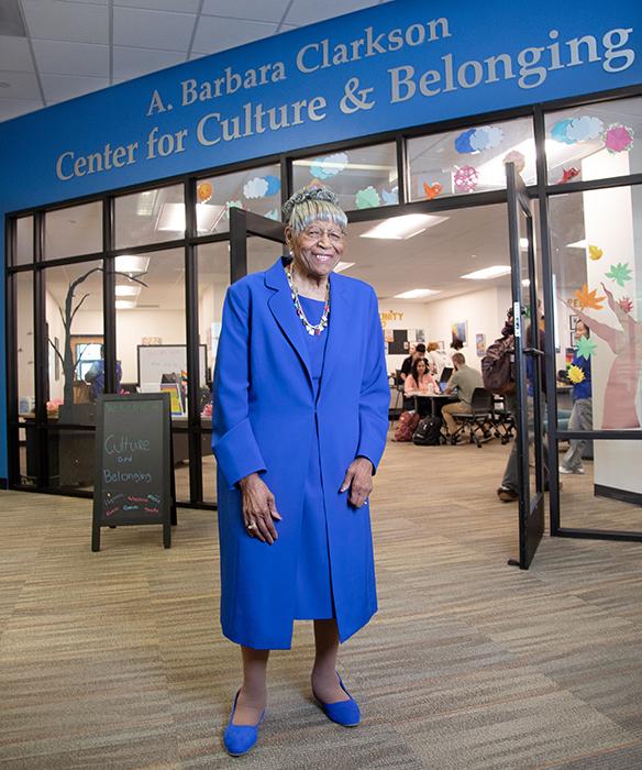 A. Barbara Clarkson standing in front of the Center for Culture & Belonging on SPSCC campus