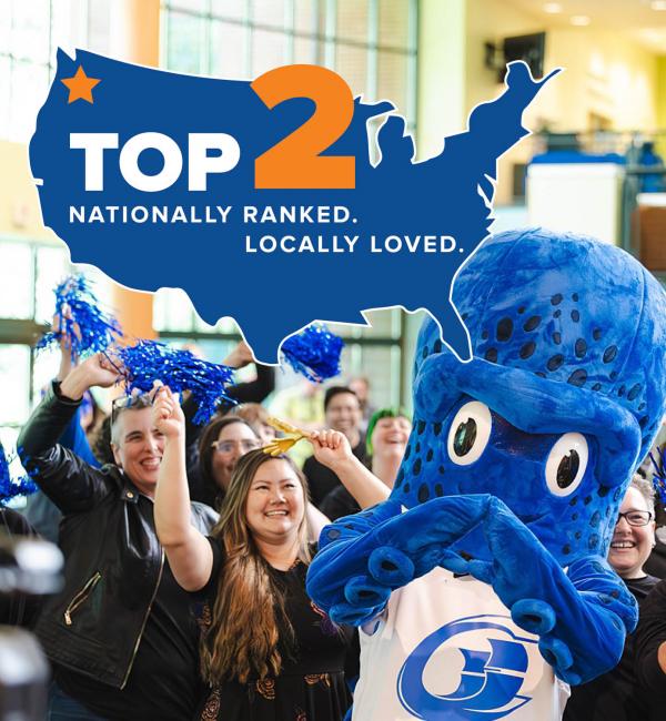 Kraken mascot with a crowd and a graphic that states "Top 2"