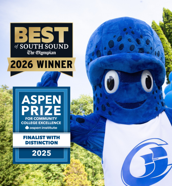 Blue kraken mascot with two promotional badges