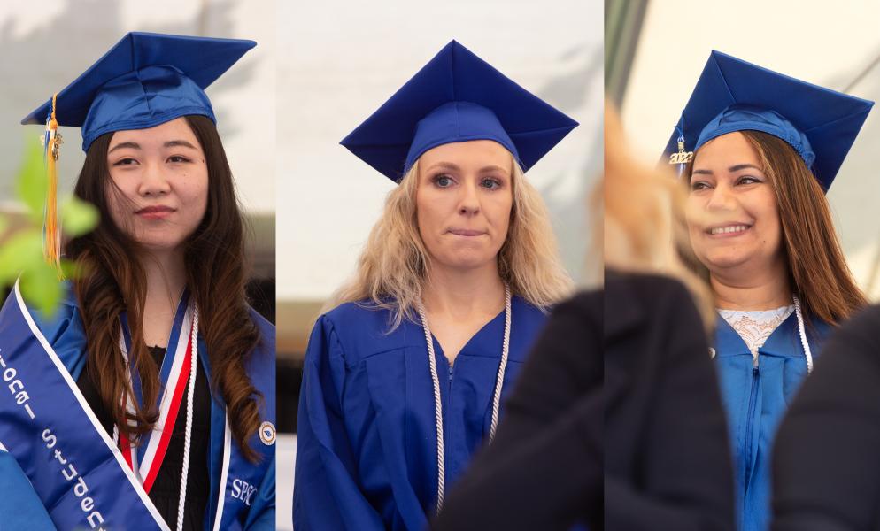 Photo of Yuho Fujii, Molly Echols, and Jemal Ozkara dressed in their caps and gowns at SPSCC's Commencement Ceremony