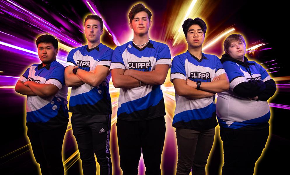 Graphic of five eSports student-athletes wearing blue and white jerseys standing with their arms crossed in front of a black background with yellow and purple streaks of light