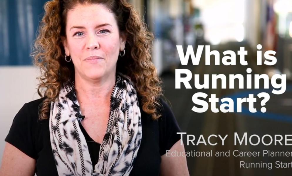 Educational Planner Tracy Moore smiles with text on screen reading "What is Running Start?"