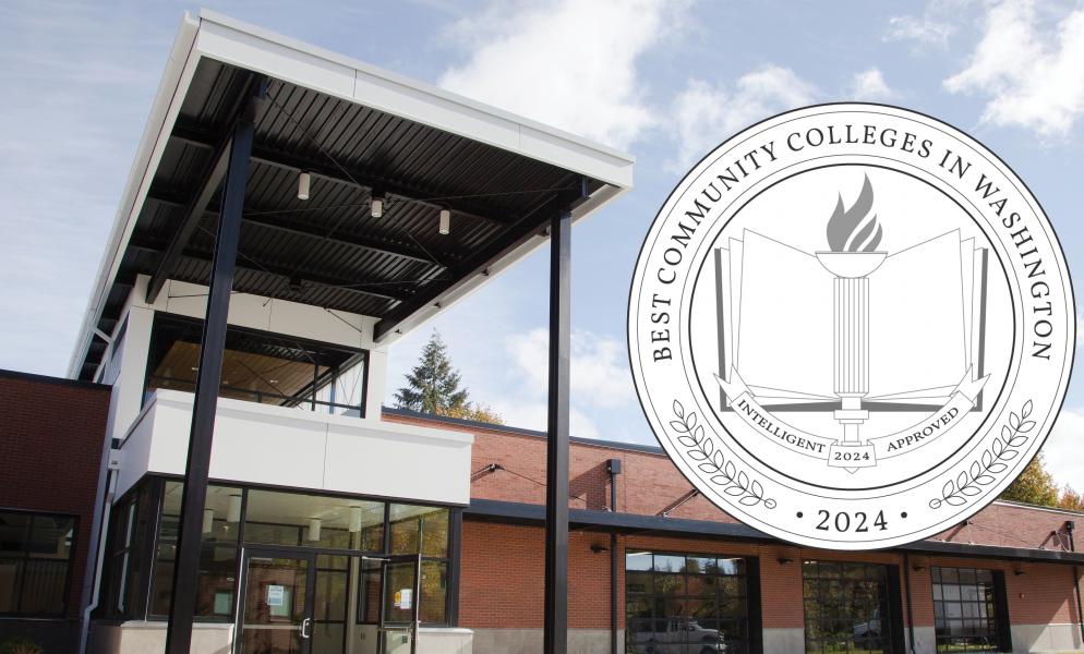 A graphic with a photo of SPSCC's Health & Wellness Center with a badge that states "Best Community Colleges in Washington 2024"