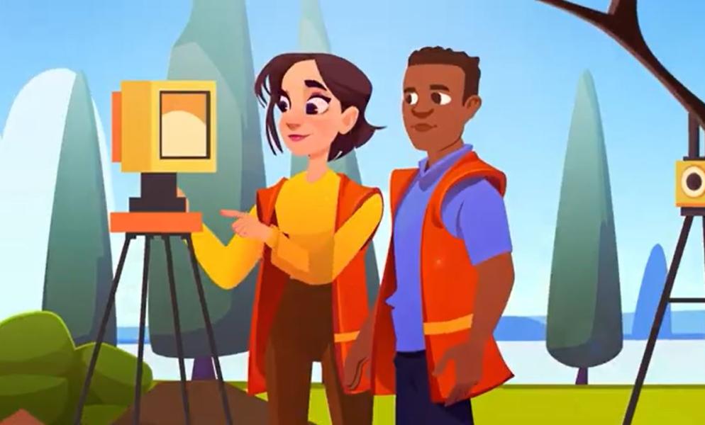 An animated student standing next to a professor while using surveying equipment