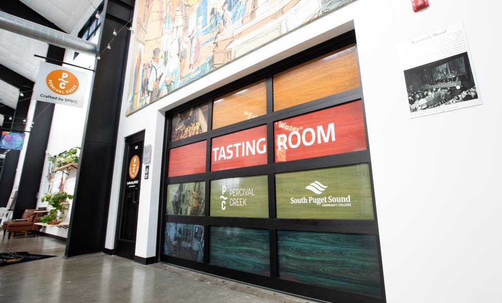 The exterior of the Percival Creek Tasting Room in the Tumwater Craft District